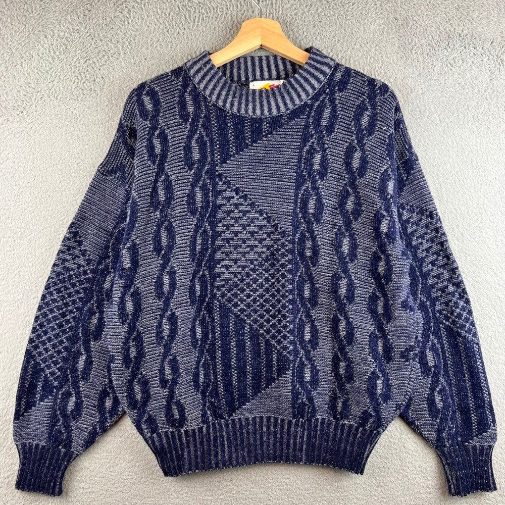Poplar Vintage Mens Blue Geometric Cable Knit Sweater Made in USA Large